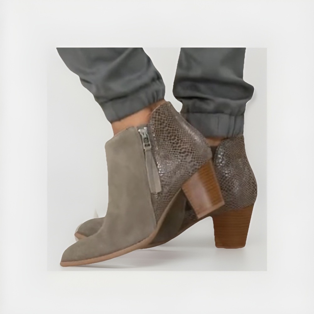Vionic Womens Anne Boot Size 9 Taupe Suede Snakeskin Bootie Block Heel EUC